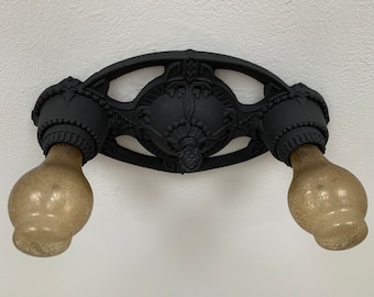 1910's Flush Mount Light Fixture, Cast Iron with Barbola Roses, Charcoal Black