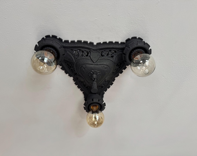 Antique Cast Iron Flush Mount Ceiling Fixture, 1910's Three Bulb English Tudor, Charcoal Black, Ready to Install