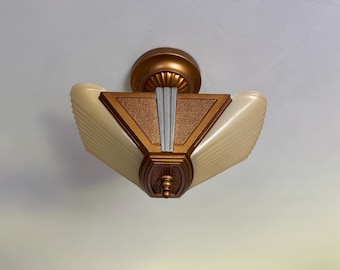1910s Antique 3 Bulb Slip Shade Chandelier, Semi-Flush, Rewired/ Restored,  Original Decor, JD Virden