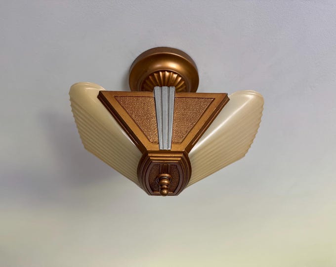 1910s Antique 3 Bulb Slip Shade Chandelier, Semi-Flush, Rewired/ Restored,  Original Decor, JD Virden