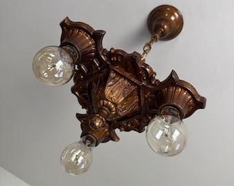 Antique Hanging 3 Bulb Cast Iron Chandelier, 1920's Art Deco Rewired/Restored, Original Decor