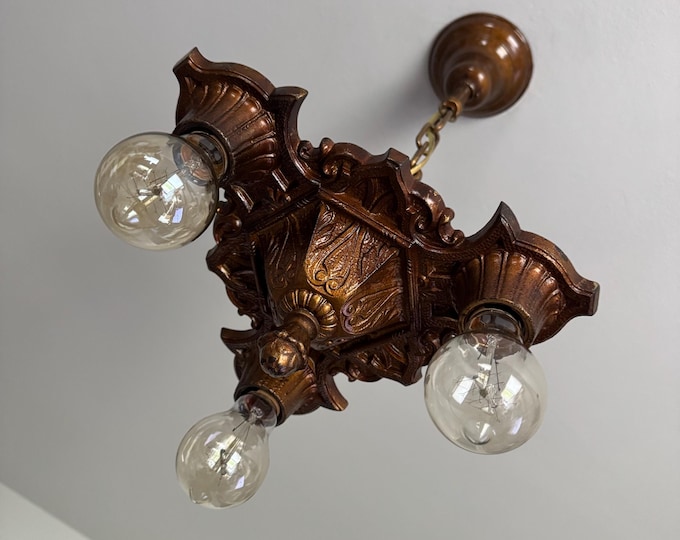 Antique Hanging 3 Bulb Cast Iron Chandelier, 1920's Art Deco Rewired/Restored, Original Decor