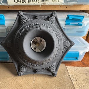May include: A dark gray, hexagonal ceiling light fixture with ornate, floral-inspired detailing. The fixture has a central socket and is likely made of cast iron or a similar material. The background includes storage containers.