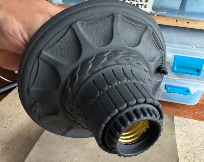 Antique Flush Mount Cast Iron Ceiling Light, 1920's Art Deco, Markel Web Design, Charcoal Black, Rewired and Ready to Install