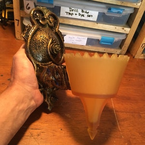 Antique Lighting Wall Sconce, Slip Shade Cast Iron with Serpents, Art Deco, Sunset Amber Glass Shades Original Decor