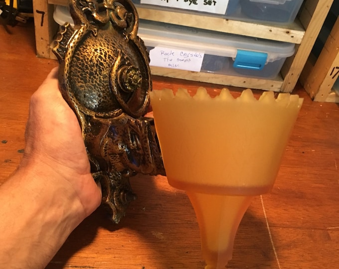 Antique Lighting Wall Sconce, Slip Shade Cast Iron with Serpents, Art Deco, Sunset Amber Glass Shades Original Decor