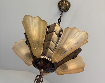 Hanging Slip Shade Chandelier Ceiling Fixture with Vaseline Glass, Restored/Rewired, Original Decor