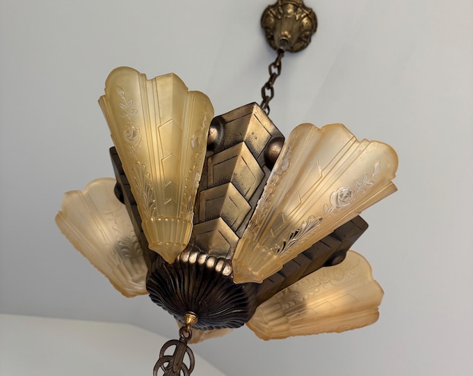 Hanging Slip Shade Chandelier Ceiling Fixture with Vaseline Glass, Restored/Rewired, Original Decor