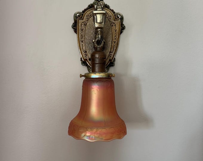 Antique Wall Sconce with Red and Blue Carnival Glass Shade, 1914, Cast Aluminum, Rewired/Ready to Install, Riddle Company