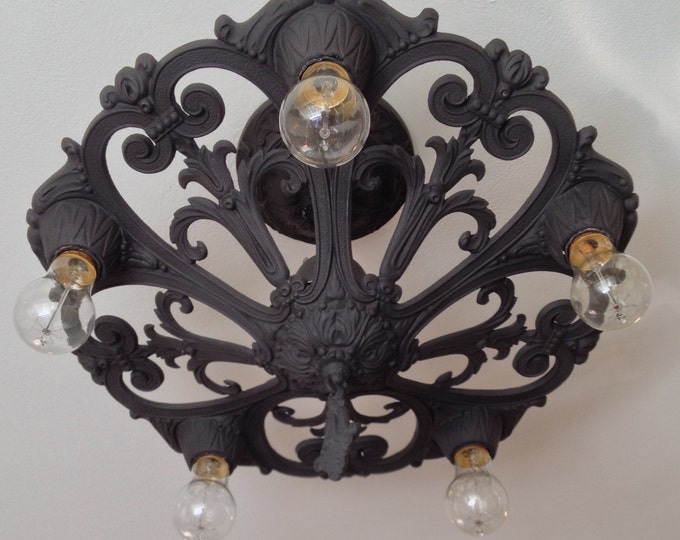 1926 Semi Flush Ceiling Fixture, Antique Lighting, 5 Bulb Rewired and Refinished in Charcoal Black, Living Room Kitchen Bedroom