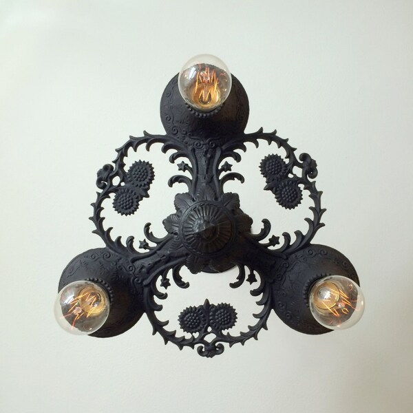 Farmhouse Hanging (Or Change to Semi Flush) Ceiling Fixture, Heavy Cast Iron, Charcoal Black, 1910's, Rewired Refinished, Kitchen Bedroom