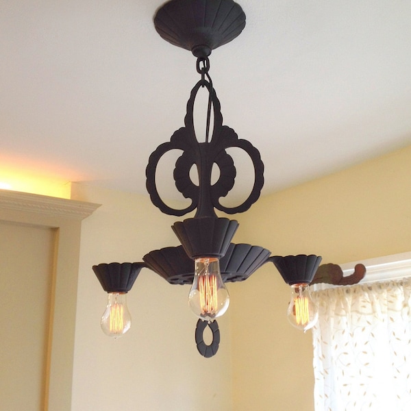 Farmhouse Art Deco Hanging Ceiling Fixture, Charcoal Black, 1930's, Rewired, Ready to Install. Manufactured by Electrolier