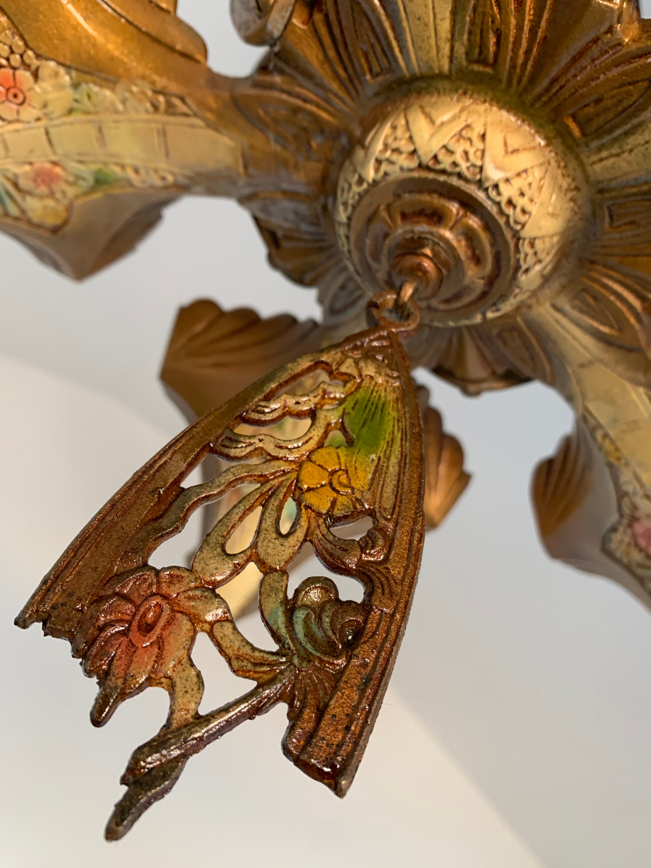 1905/07 Batwing Slip Shade Chandelier, Hanging 5 Light, Retouched