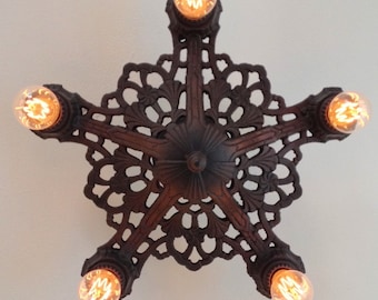 Cast Iron Semi Flush Chandelier, Antique Lighting, Rewired Refinished Charcoal Black, c1910's, Webbed Decor