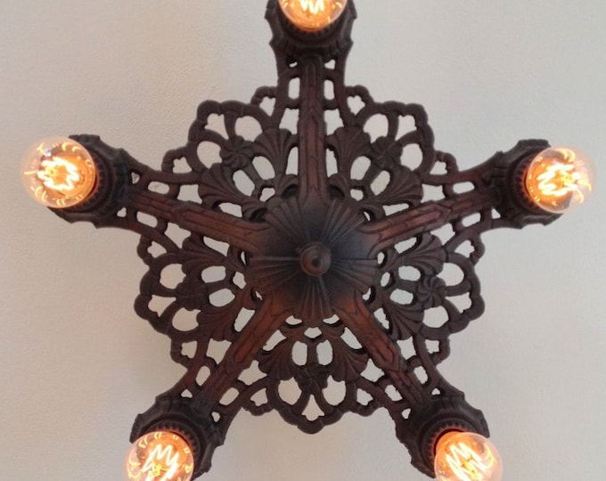 Cast Iron Semi Flush Chandelier, Antique Lighting, Rewired Refinished Charcoal Black, c1910's, Webbed Decor
