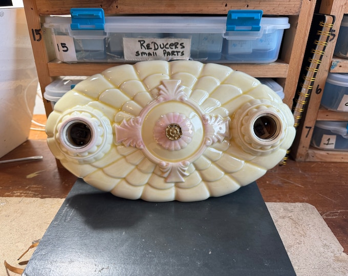 Flush Mount Ceiling Fixture, 1930's Two Bulb Bone Ivory Porcelain with Pink Accents, Rewired, Kitchen Bath Hallway Foyer Bedroom