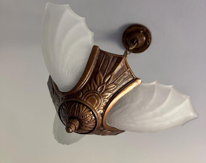 Antique Hanging Slip Shade Ceiling Fixture, 1910's Cast Iron 3 Bulb White Angle Wing Statin Glass, Rewired/Ready to Install, Original Decor