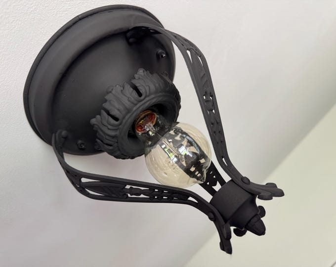 Antique Spanish Revival Flush Mount Single Bulb Ceiling Fixture, 1920's Cast Aluminum and Brass, Refinished Charcoal Black, Ready to Install