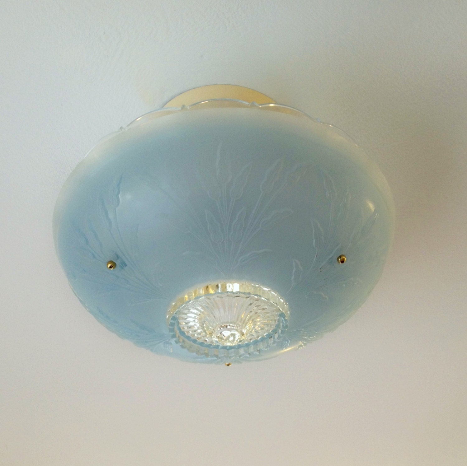 Farmhouse 3 Chain Semi Flush Ceiling Light, 1930's Baby Blue Glass Art Nouveau, Rewired and Ready to Install