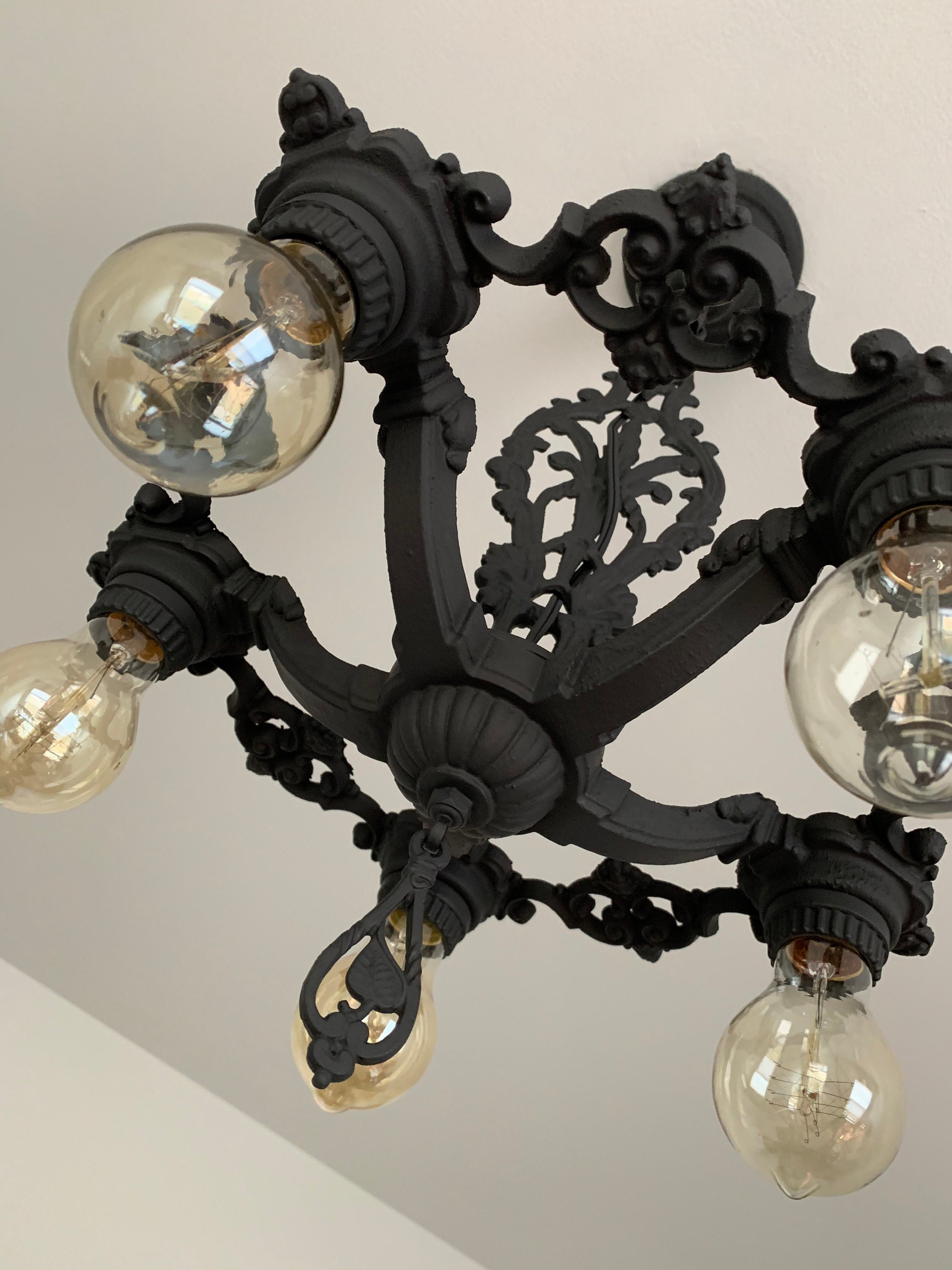 Farmhouse Hanging Chandelier, Restored/Rewired, 1910's Cast Iron