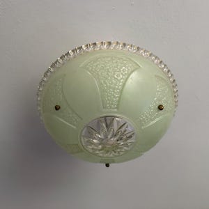 Vintage Lighting 3 Chain Semi Flush Ceiling Light, 1930&#39;s Art Deco Green and Clear Glass Bowl, Ready to Install