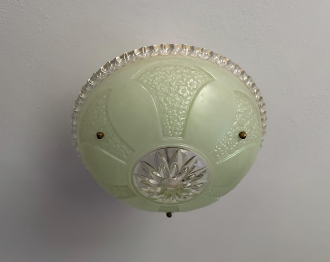 Vintage Lighting 3 Chain Semi Flush Ceiling Light, 1930's Art Deco Green and Clear Glass Bowl, Ready to Install