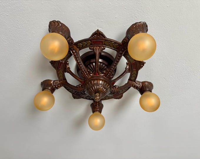 1909 Antique Semi-Flush Fixture, 5 Bulb Heavy Cast Iron Chandelier, Original Decor with Deep Red and Green Accents Restored Ready to Install