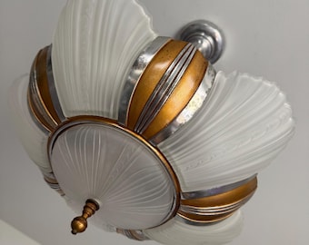 1930's Seven Bulb Hanging Slip Shade Chandelier Ceiling Fixture, Original Gold and Silver Decor, Tarnish, Restored/Rewired/Ready to Install