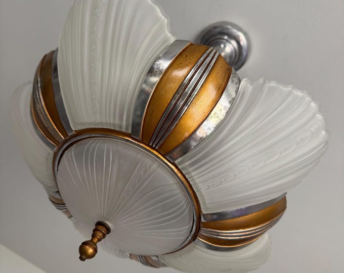 1930's Seven Bulb Hanging Slip Shade Chandelier Ceiling Fixture, Original Gold and Silver Decor, Tarnish, Restored/Rewired/Ready to Install