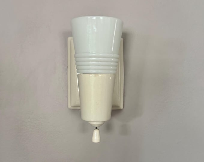 Antique Porcelain Milk Glass Slip Shade Wall Sconce, 1920's Single Bulb, Restored/Rewired, Plug-In and On/Off pull Switch