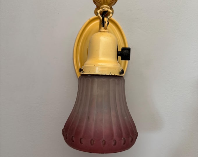 1907 Antique Pressed Brass Wall Sconce, Original Decor with Pink Glass Shade, On/Off Rotary Switch, Rewired and Ready to Install