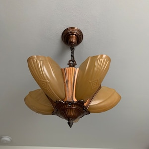 1910&#39;s Antique Hanging Slip Shade Ceiling Light, 5 Bulb Art Deco, Restored/Rewired, Deep Bronze, Ready to Install