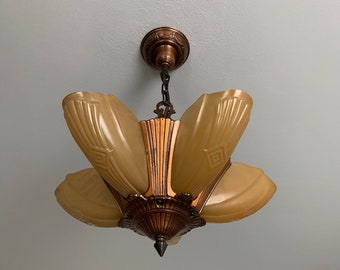 1910's Antique Hanging Slip Shade Ceiling Light, 5 Bulb Art Deco, Restored/Rewired, Deep Bronze, Ready to Install