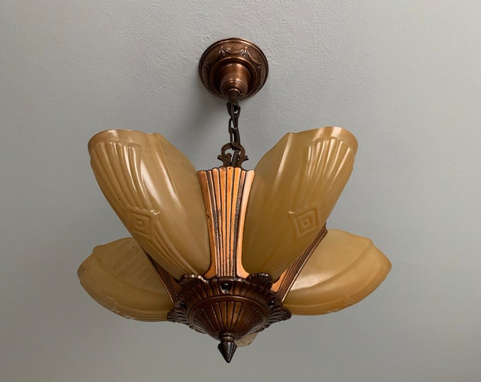 1910's Antique Hanging Slip Shade Ceiling Light, 5 Bulb Art Deco, Restored/Rewired, Deep Bronze, Ready to Install