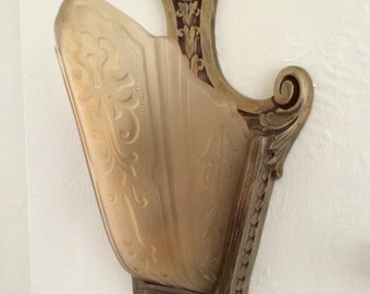 Antique Slip Shade Wall Sconce, 1920's Single Bulb, Heavy Cast Iron, Retouched and Rewired, Moe Bridges, Amber-Honey Glass Shade