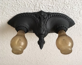Flush Mount Ceiling Light, Depression Era Art Deco, Charcoal Black, Rewired/Ready to Install, Moe Bridges