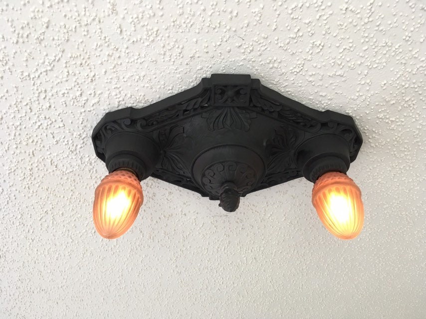 RESERVED Flush Mount Cast Heavy Iron Ceiling Light, 1920's Art Deco