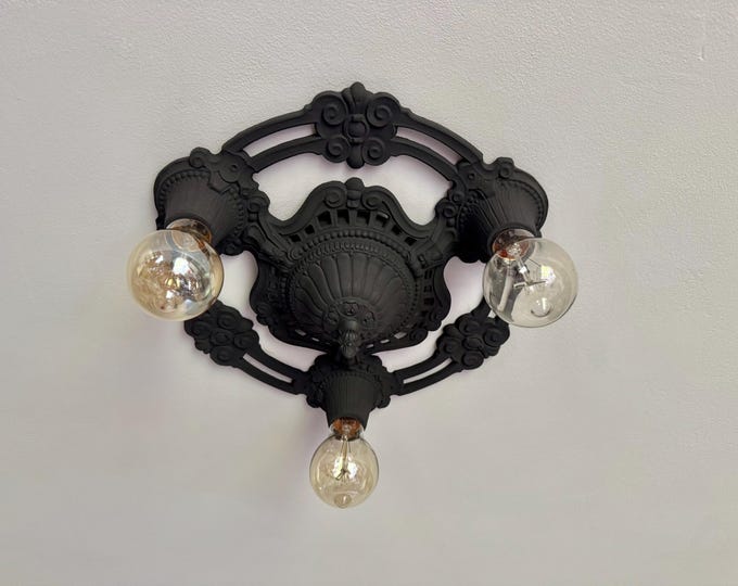 Antique Flush Mount Light Fixture, 1910's Cast Iron, Charcoal Black, Rewired/Restored and Ready to Install