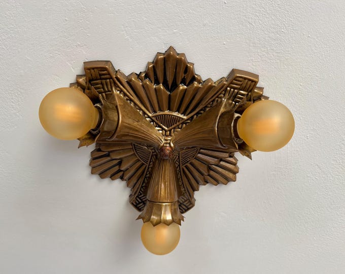 Art Deco Flush Mount Ceiling Fixture, Three Bulb, 1910's Pressed Brass, Original Light Bronze Decor, Rewired/Retouched and Ready to Install