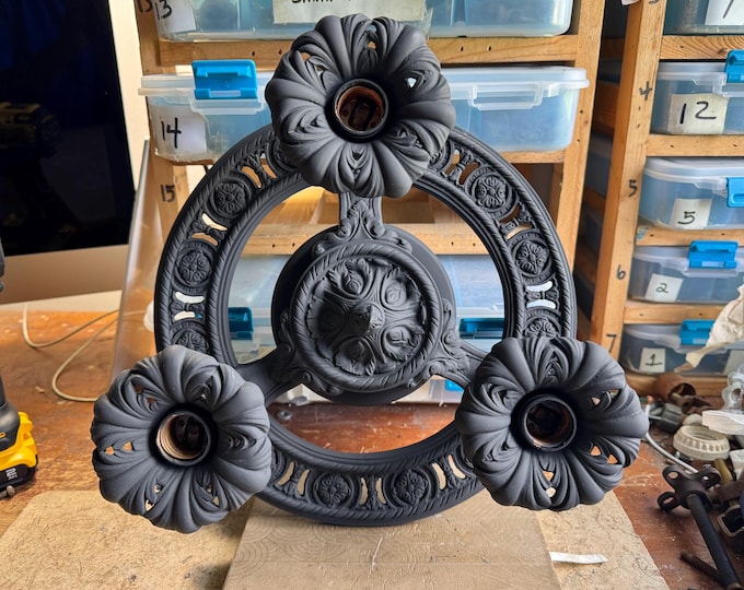 1910's Antique Ceiling Light, Heavy Cast Brass Flush Mount 3 Bulb Charcoal Black, Short Ceilings/Low Profile, Rewired and Ready to Install