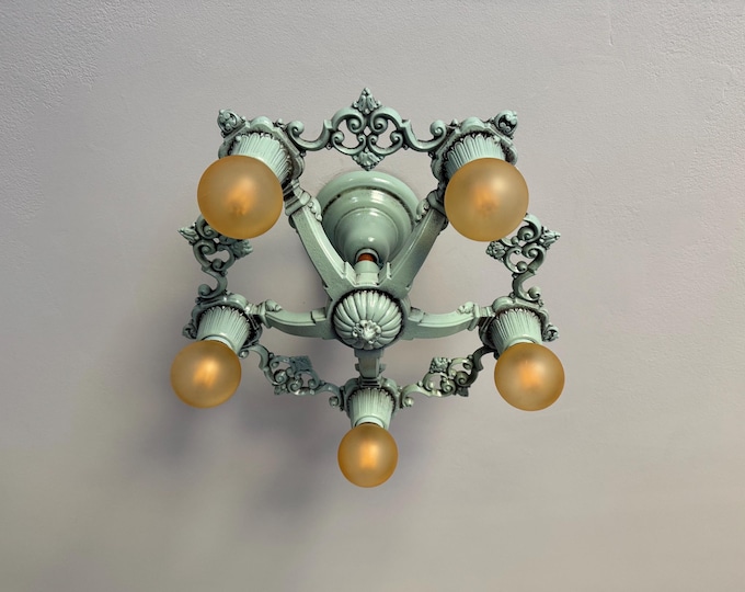 Farmhouse Semi Flush Mount Light Fixture, 1920's Riddle Company, Refinished Robin Egg Blue, Rewired and Ready to Install