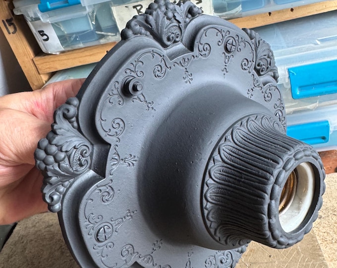 Antique Flush Mount Cast Aluminum Ceiling Light, 1920's Art Deco, Charcoal Black, Rewired and Ready to Install, Riddle Company