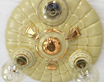Antique German Porcelain Flush Mount Ceiling Fixture, Custard Cream with Gold Accents, Rewired, 1920's Porcelier, Kitchen Bath Bedroom