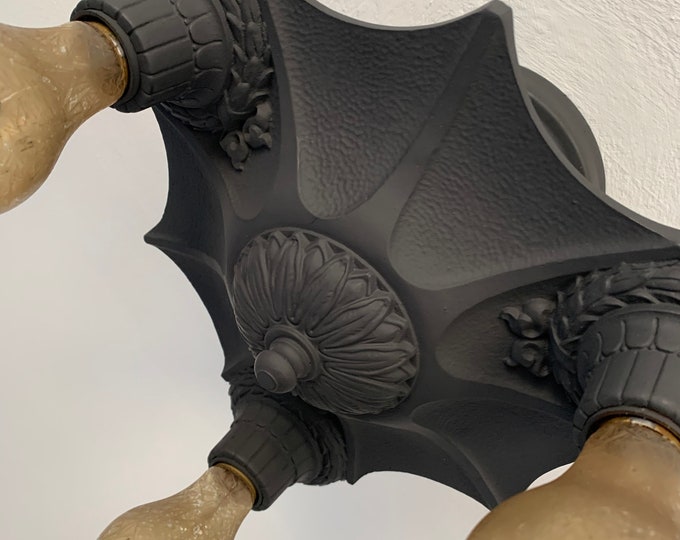 Semi Flush Mount Cast Iron Ceiling Light, 1910's Art Deco, Markel Web Design, Charcoal Black, Rewired, Low Profile Short Ceiling