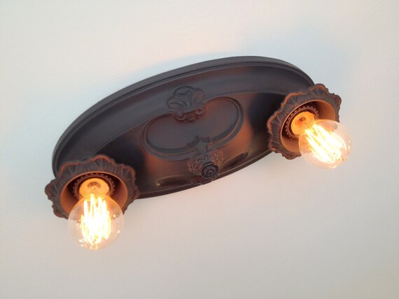 Farmhouse Antique Flush Mount Light Fixture Two Bulb Pressed