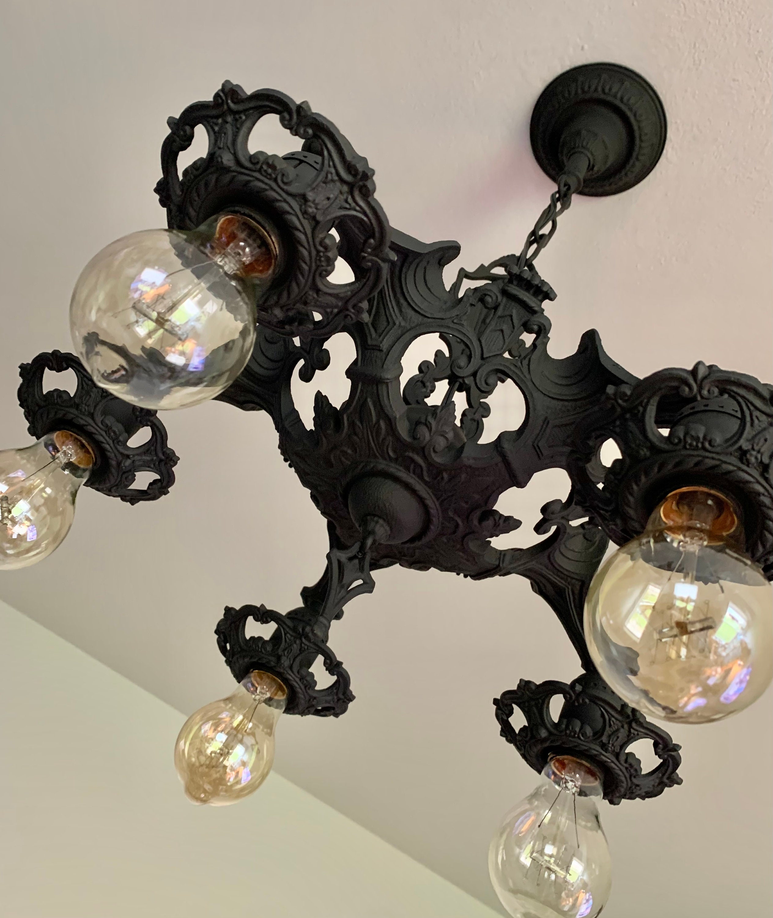 Antique Hanging Ceiling Fixture, 1907 Heavy Cast Iron, Charcoal Black