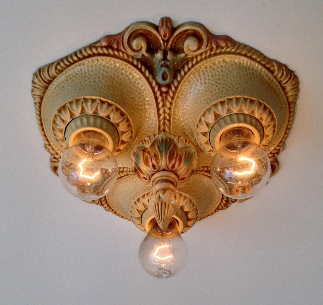 Antique FlushMount Light Fixture, 1920's Cream Pink and Aqua Blue Moe