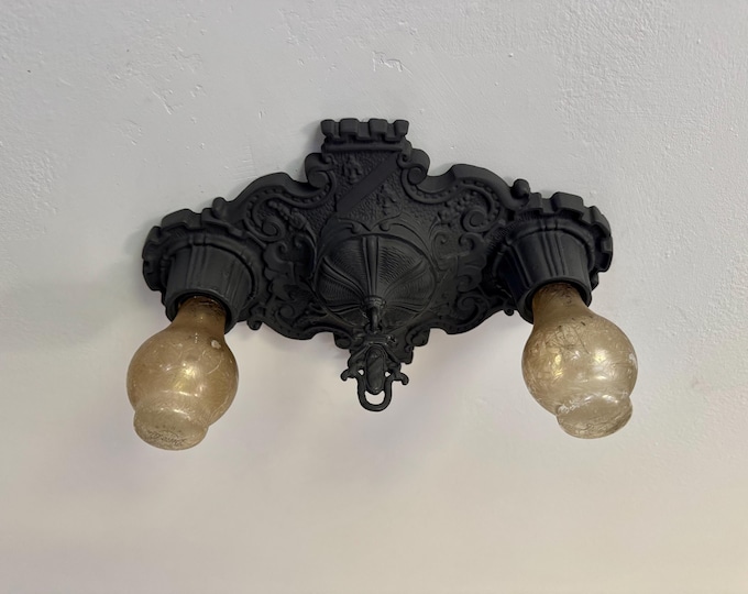 Antique Spanish Revival Flush Mount Light Fixture, 1920's Heavy Cast Iron, Charcoal Black, Rewired/Restored and Ready to Install: LACO