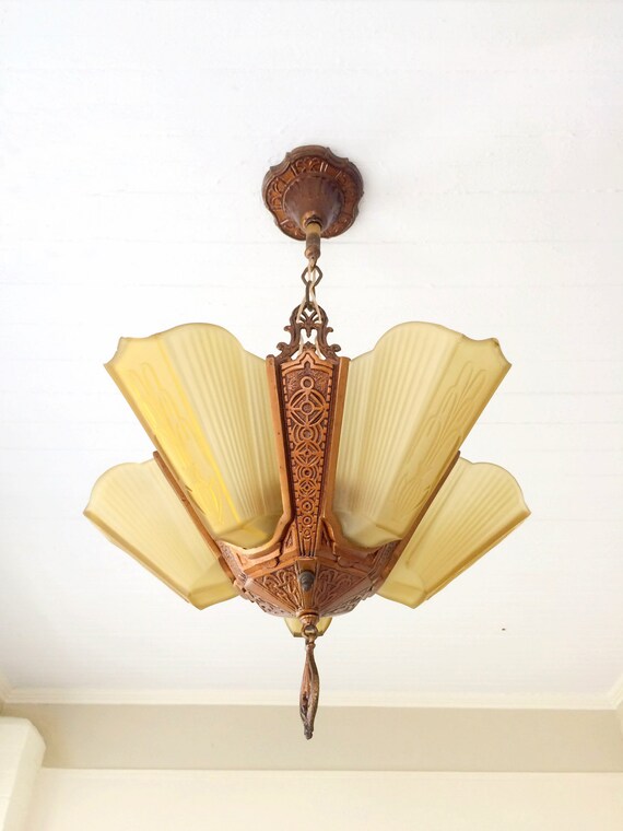Hanging Slip Shade Chandelier 1920 S 5 Light Rewired And