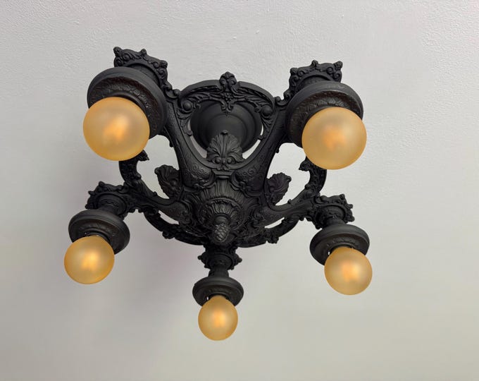 1910's Semi Flush Ceiling Fixture, Five Bulb Victorian, Rewired/Refinished in Charcoal Black, Living Room Kitchen Bedroom, Lion Electric
